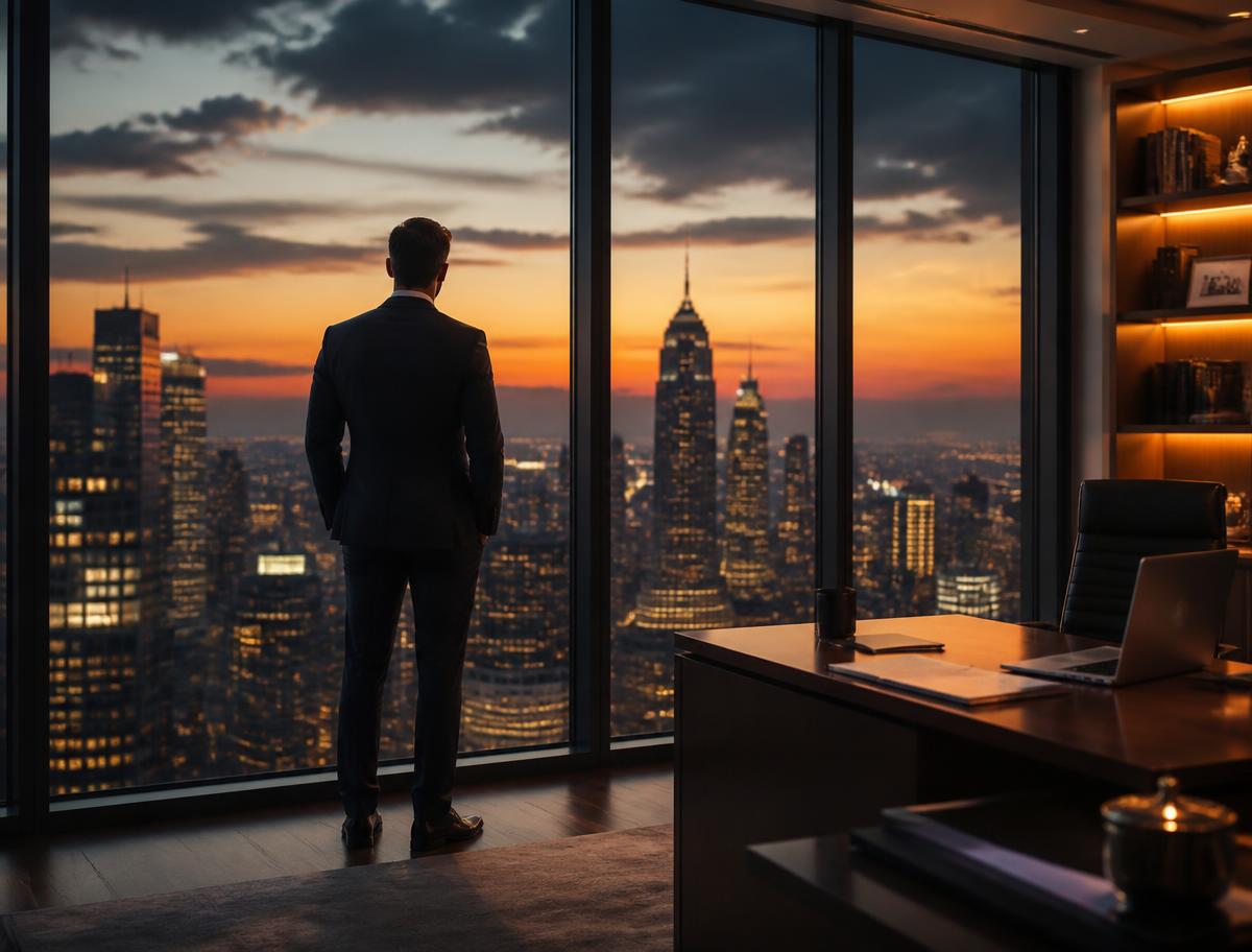 A professional looking out at a glowing city skyline from a modern office at dusk