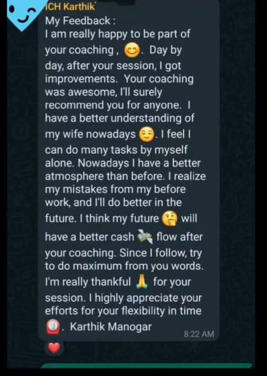 WhatsApp testimonial about career and money patterns